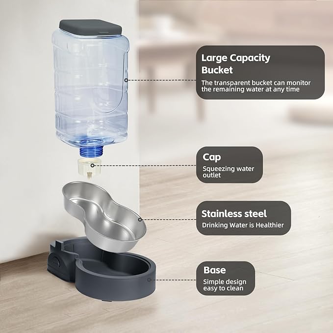 Automatic Cat Water Feeder and Food Bowl, Gravity Stainless Steel Cat Waterer Set for Small Medium Kitten Puppy Pets(1 Gallon + 12oz,Grey)