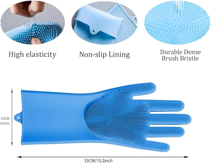 2 pairs Silicone Dishwashing & Pet Grooming Gloves - 2-in-1 Heat Resistant Gloves with High-Density Teeth, Enhanced Five Finger Design for Bathing, Cleaning Dishes, Cars, Dogs & Cats (Blue)