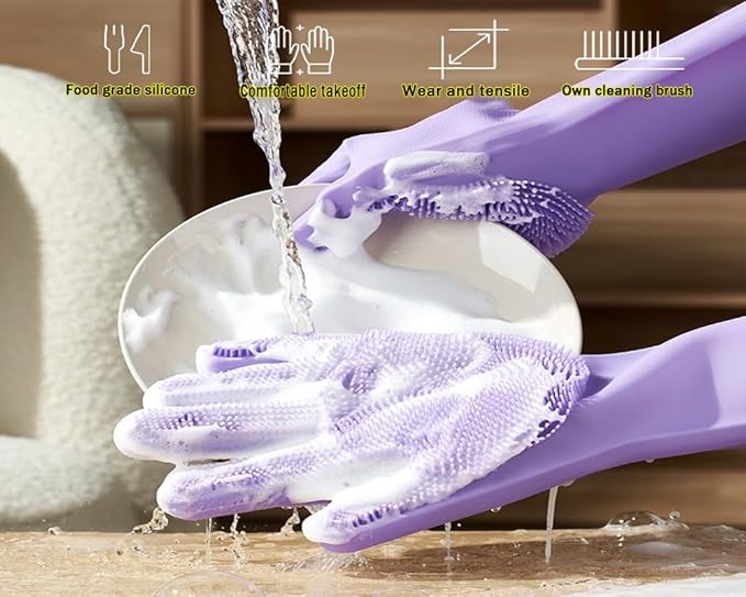 2 pairs Silicone Dishwashing & Pet Grooming Gloves - 2-in-1 Heat Resistant Gloves with High-Density Teeth, Enhanced Five Finger Design for Bathing, Cleaning Dishes, Cars, Dogs & Cats(Purple)