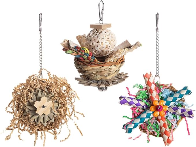 Handwoven Natural Parrot Chew Toys for Small Birds Organic Fiber Foraging Toys with Hanging Chain Cockatiel Budgie Conure Cage Accessories