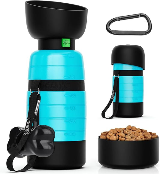 Pecute Dog Water Bottle Portable 22 oz with 5 oz Food Container, Poop Bag Holder, Portable Dog Water Bottle Dispenser, Leakproof, Lightweight, Pet Water Bottle for Dogs Outdoor Travel Walking
