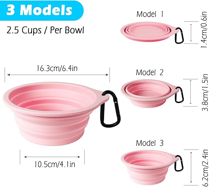 PetBonus 2-Pack Silicone Collapsible Dog Bowls, BPA Free Dishwasher Safe, Portable Foldable Expandable Travel Bowl, Food Water Feeding Cup Dish for Dogs Cats with 2 Carabiners (Grey, Chalk Pink)