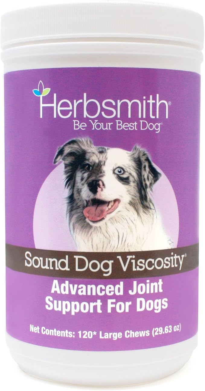 Herbsmith Sound Dog Viscosity – Advanced Joint Support for Dogs – Veterinarian Recommended Glucosamine for Dogs, Hyaluronic Acid, Chondroitin, MSM – Natural Arthritis Pain Relief – 120ct Large Chews