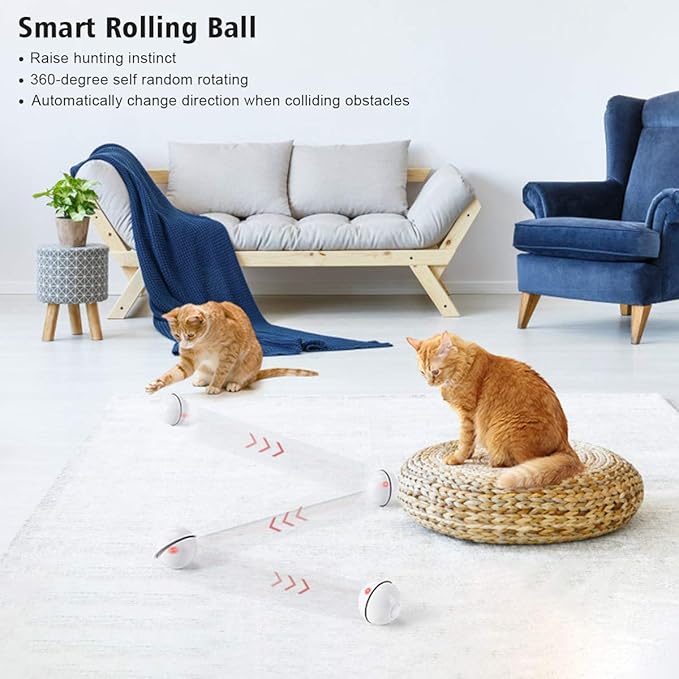 WWVVPET Interactive Cat Toys Ball with LED Light, 360 Degree Self Auto Rotating Smart Ball, USB Rechargeable Spinning Cat Ball Toy,Stimulate Hunting Instinct Kitten Funny Chaser Roller Pet Toy