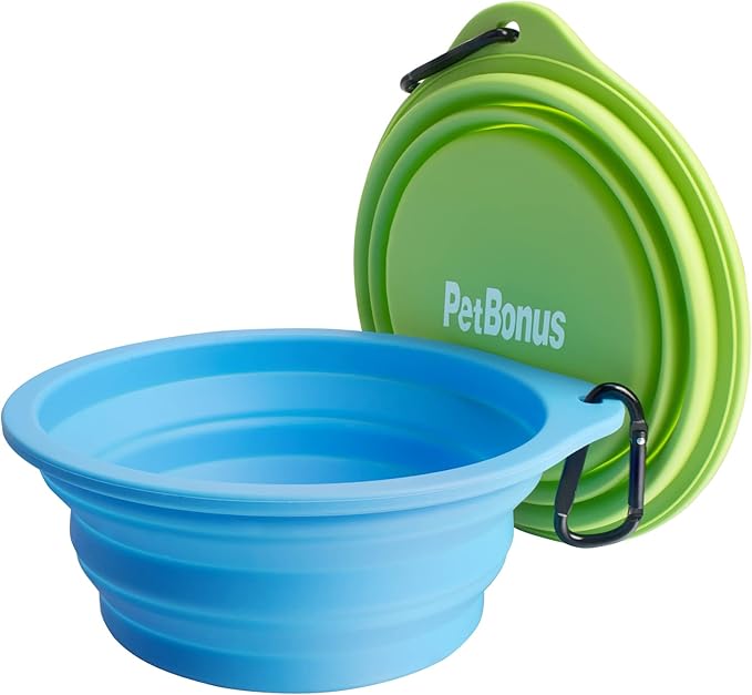 PetBonus 2-Pack Silicone Collapsible Dog Bowls, BPA Free Dishwasher Safe, Portable Foldable Expandable Travel Bowl, Food Water Feeding Cup Dish for Dogs Cats with 2 Carabiners (Light Blue & Green)