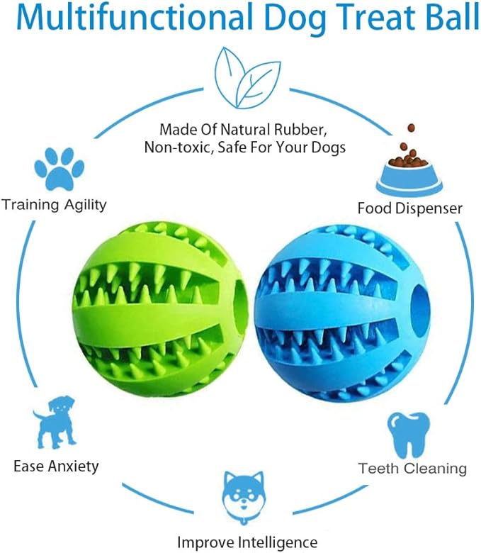 Dog Treat Toy Ball, Dog Tooth Cleaning Toy, Interactive Dog Toys(1 Green+1 Blue) 2.8" Pack of 2