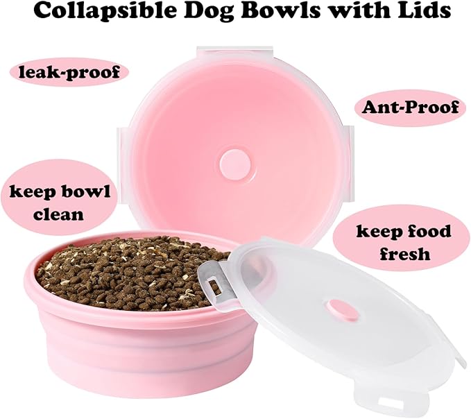 Collapsible Dog Bowls with Lids, 2 Pack Portable Travel Dog Bowls for Small Medium Large Dogs, Silicone Foldable Outdoor Dog Cat Food Water Bowls for Camping Hiking Road Trip, Pink 12 oz