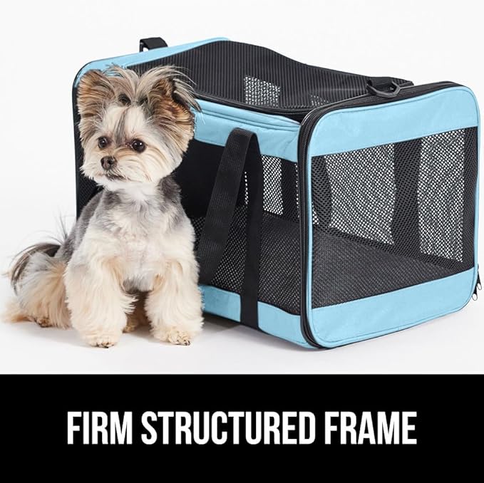 GORILLA GRIP Cat Carrier Travel Bag Up to 15 Lbs, Soft Collapsible Small Dog Carriers, Top and Side Entry Breathable Mesh, Grip Feet on Underside, Cozy Washable Waterproof Pad, Portable Kennel, Blue