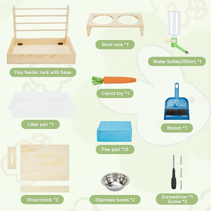 Rabbit Hay Feeder with Litter Box, Small Animals Hay Rack with Water Bottle, and 2 Bowls, Wooden Bunny Hay Holder Feeder Toilet Combo for Rabbit, Guinea Pig, Hamster, Hedgehog, Chinchillas