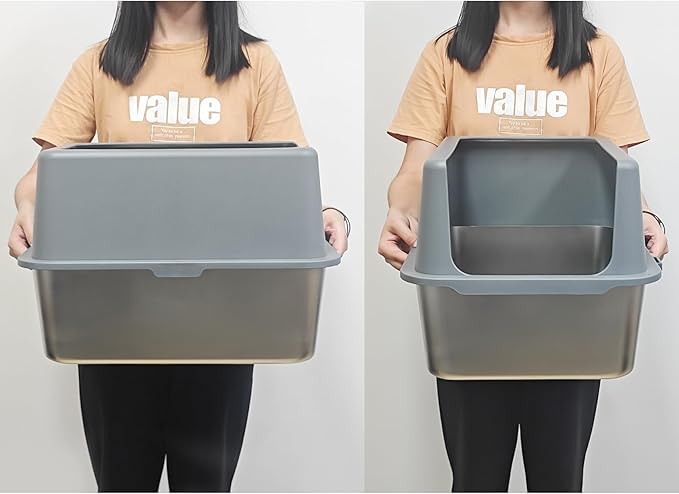 Litter Box with Lid, Stainless Steel Litter Box, 12" Metal Litter Pan High Sides, Small Litter Tray for Kittens, Cat Litter Tray Covered Grey, Easy Clean