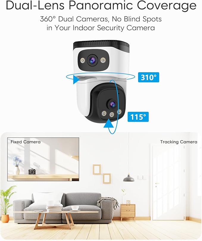 VSTARCAM Indoor Security Camera, Dual Cameras, 2K QHD Security Camera with 5× Zoom, 360° Camera, Baby Monitor, Pet Camera, Human/Pet Detection, AI Tracking, Full Color Night Vision, 2.4G Wi-Fi,Plug in