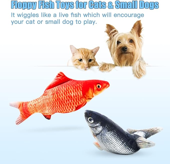 TOOGE 2 Pack 9" Floppy Fish Cat Toys with SilverVine and Catnip for Indoor Cats for Small Dogs Interactive Automatic Flopping Kicker Toys for Cats Puppy (Red Carp + Carp)