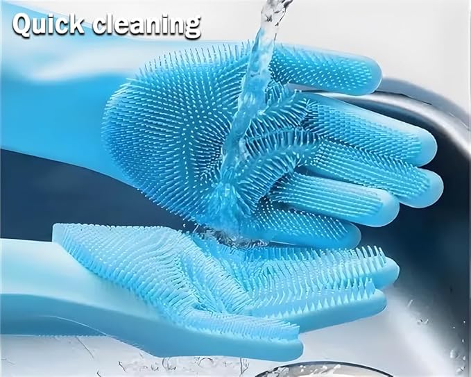 2 pairs Silicone Dishwashing & Pet Grooming Gloves - 2-in-1 Heat Resistant Gloves with High-Density Teeth, Enhanced Five Finger Design for Bathing, Cleaning Dishes, Cars, Dogs & Cats (Blue)