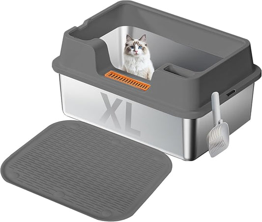 XL Stainless Steel Litter Box with Lid - 23.7"×15.7"×10.6" High Sided Metal Tray for Big/Multi-Cats, Anti-Leak Easy Clean Scoop & Foot Mat (Grey)