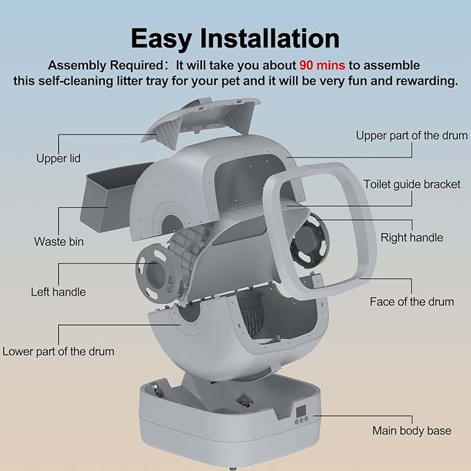 Automatic Self-Cleaning Cat Litter Box with APP-Controlled, Weight Tracking ā 86L Ultra-Quiet, Smart Health Monitor, and Safe Anti-Pinch Design (Assembly Required) -Light Grey
