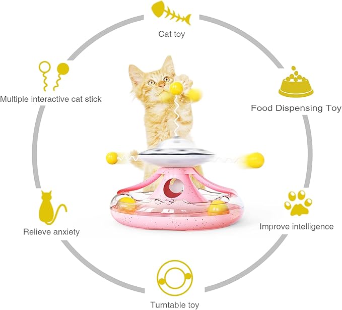 3 in 1 Interactive Cat Toy - Fidget Spinner Treat Dispenser, Windmill Food Dispenser, Slow Feeder, and Teaser Wand for Indoor Cats