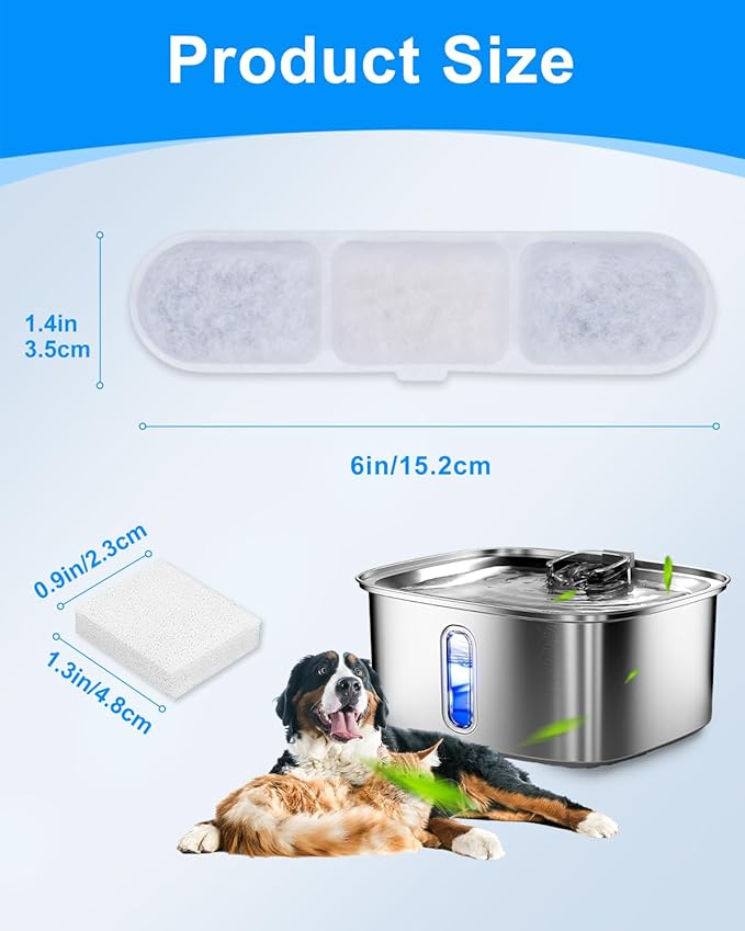 12+12 Pack Dog Fountain Water Bowl Filters Fit for Pet Water Fountains WF530 9L/2.4GaL, Large Dog Water Dispenser Replacement Filter Fit for Cat Automatic Waterer Fountain Stainless Steel