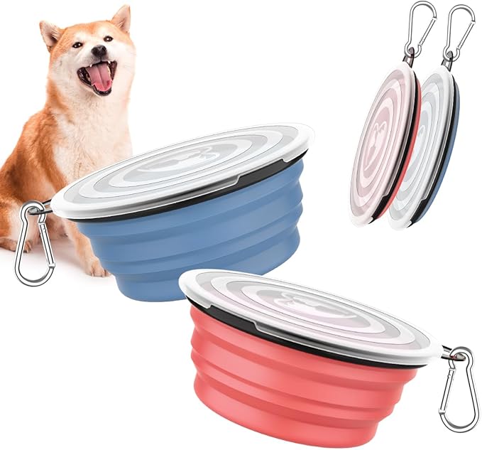 Pawaboo Collapsible Dog Bowls 2 Pack, Silicone Feeding Watering Bowls with Lids & Carabiners for Dogs Cats, Portable Water Feeder Food Bowl for Walking Traveling Home Use, Light Pink + Blue