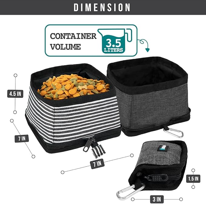 PetAmi Collapsible Dog Bowls 2 Pack, Food and Water Bowls Travel Set, Portable Pet Dish No Spill, Foldable Lightweight BPA Free Leakproof, Camping Hiking Walking Outdoor Gear Accessories, Stripe Black