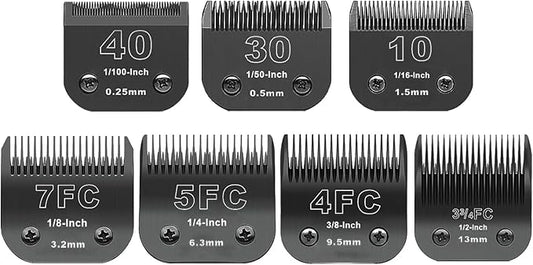 Black Detachable Pet Dog Grooming Clipper Stainless Steel Blades Set,Compatible with Andis,Oster A5,Wahl KM10 Series Clippers,Cut Length 1/100"(0.25mm) to 1/2"(13mm) ,7 Pack (10+30+40+7FC+5FC+4FC+3FC)