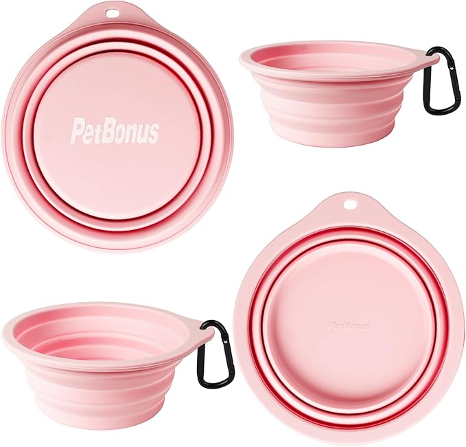 PetBonus 2-Pack Large Silicone Collapsible Dog Bowls, 34oz/1000ml BPA Free Portable Foldable Travel Bowl for Pet Cat, Food Water Feeding Dish for Camping with 2 Carabiners (Grey, Chalk Pink)