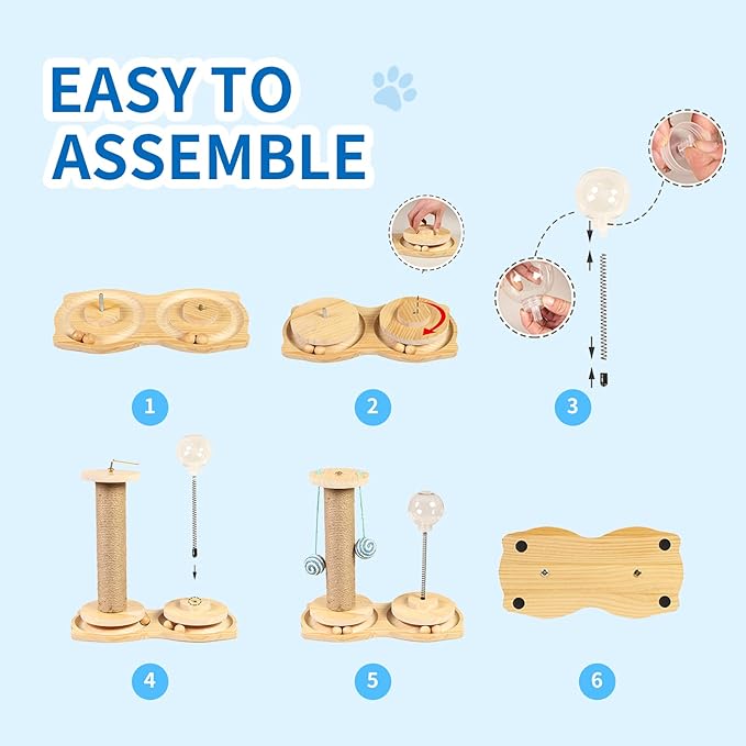 Marchul 4 in1 Interactive Cat Toy, Natural Sisal Cat Scratching Post with Hanging Balls, Cat Toys with Roller Track by Wooden, Kitten Food Feeder with Treat Ball for Indoor Kittens