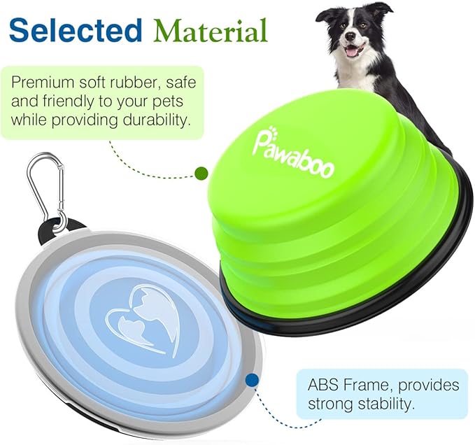Pawaboo Collapsible Dog Bowls 2 Pack, Silicone Feeding Watering Bowls with Lids & Carabiners for Dogs Cats, Portable Water Feeder Food Bowl for Walking Traveling Home Use, 1000ml, Blue + Green