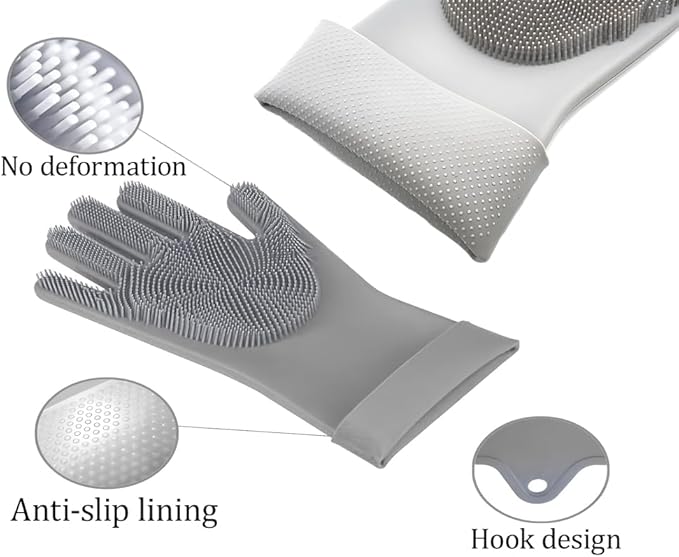 1 pairs Silicone Dishwashing & Pet Grooming Gloves - 2-in-1 Heat Resistant Gloves with High-Density Teeth, Enhanced Five Finger Design for Bathing, Cleaning Dishes, Cars, Dogs & Cats (Gray)