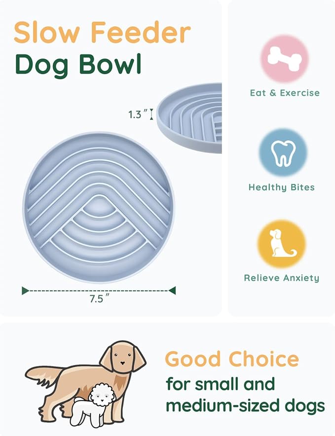 Slow Feeder Dog Bowls, Slowdown Bowl - Silicone Dog Feeding Bowls with Suction Cups for Puppies, Modern Lick Mat Design, Reduces Gulping, Dishwasher Fit, Mealtime Challenge, 7.5" x 1.3" Blue