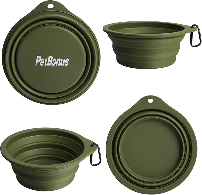 PetBonus 2-Pack Silicone Collapsible Dog Bowls, BPA Free Dishwasher Safe, Portable Foldable Expandable Travel Bowl, Food Water Feeding Cup Dish for Dogs Cats with 2 Carabiners (Army Green, Blue)