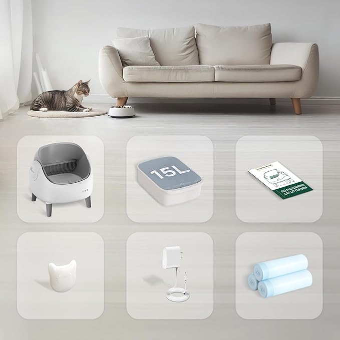 Open-Top Self Cleaning Litter Box, Automatic Litter Box with Dual Safety Sensors, Anti-Pinch Protection, Large Capacity, APP Control, White-Grey