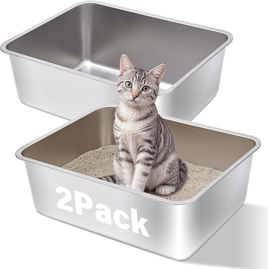 Stainless Steel Cat Litter Box 2Pack,Medium Metal Cat Litter Box,Steel Litterbox for Kitty or Rabbits, Easy to Clean,Non Stick, No Smell(17.7" L x 13.7" W x 6" H).