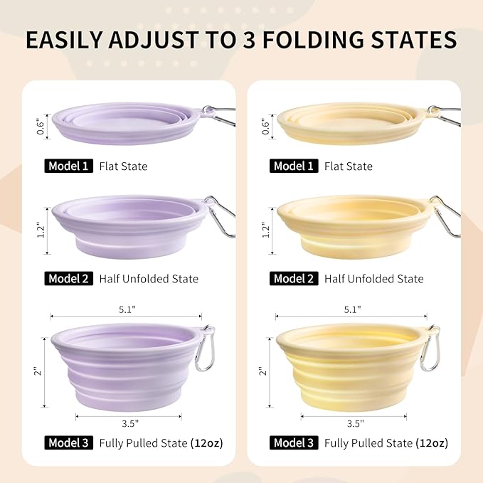 Collapsible Dog Bowls 2-Pack, Portable Travel Dog Bowl with Carabiner, Food-Grade Silicone Pet Bowl for Hiking, Walking (Macaron Yellow and Violet)