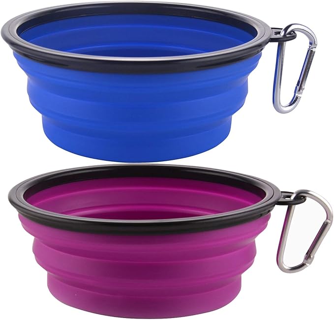 Guardians Large Collapsible Dog Bowls, 34oz Travel Water Food Bowls Portable Foldable Collapse Dishes with Carabiner Clip, 2 Pack (Blue + Purple)