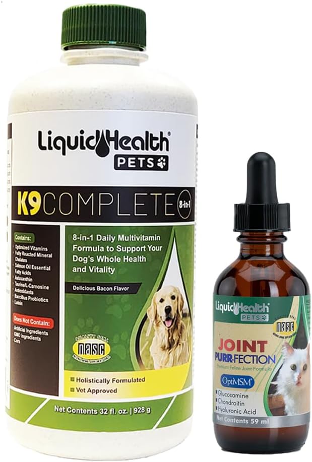 LIQUIDHEALTH Pets K9 Complete 8-in-1 Multivitamin for Dogs & Puppies & Joint Purr-Fection Hip & Joint Glucosamine Chondroitin Drops for Cats - USA Made Pet Supplements for Joint Health, Immune Support