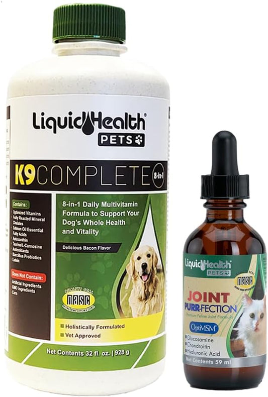 LIQUIDHEALTH Pets K9 Complete 8-in-1 Multivitamin for Dogs & Puppies & Joint Purr-Fection Hip & Joint Glucosamine Chondroitin Drops for Cats - USA Made Pet Supplements for Joint Health, Immune Support