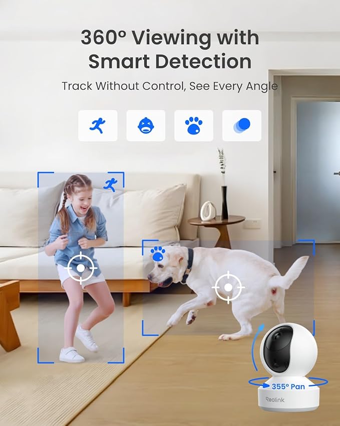 REOLINK E1 Pro 3K PT Wi-Fi Indoor Camera for Baby & Pet Monitoring, Auto Tracking, 5MP Night Vision Enhanced by F1.6 Aperture, Person/Pet/Baby Crying Detection, 2.4/5GHz Wi-Fi, Two-Way Audio