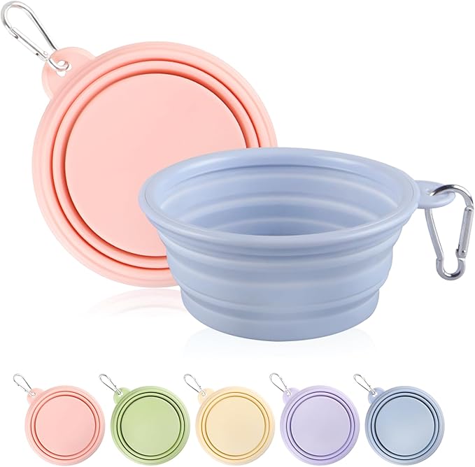 Collapsible Dog Bowls 2-Pack, Portable Travel Dog Bowl with Carabiner, Food-Grade Silicone Pet Bowl for Hiking, Walking(Macaron Pink and Blue)