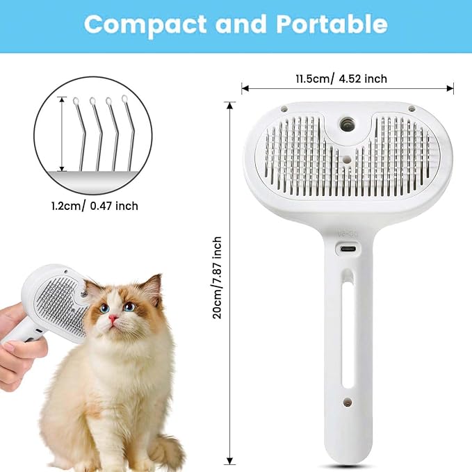 Pet Steam Brush for Dog & Cat – 3-in-1 Spray Hair Removal Comb – Steam Brush for Shedding & Grooming – Water for Long & Short Haired Pets – Spritz Defur Comb (White)