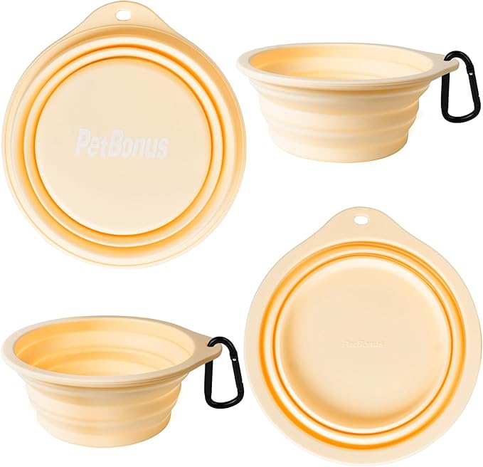 PetBonus 2-Pack Silicone Collapsible Dog Bowls, BPA Free Dishwasher Safe, Portable Foldable Expandable Travel Bowl, Food Water Feeding Cup Dish for Dogs Cats with 2 Carabiners(Light Mint,Beige Cream