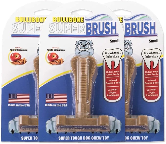 Bullibone SuperBrush: Dog Teeth Cleaning Brushing Toothbrush Stick - Long Lasting Nylon Apple Cinnamon Chew Toy for Oral Care and Dental Health