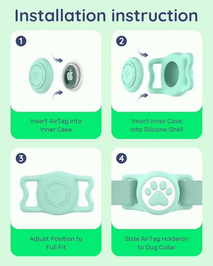 IP68 Waterpoof Dog Airtag Holder, Stretchy Silicone Full Body Covered Apple Air Tag Holder for Dog Cat Collar Fit All Width Collar (Green/Rose, 2 Pack)