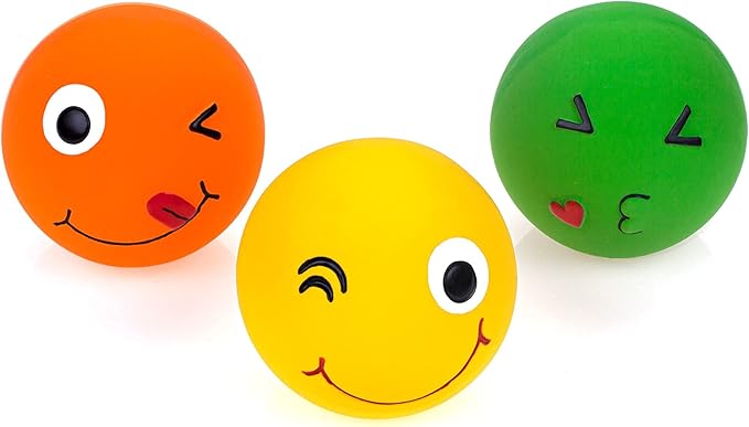 CHIWAVA 3 Pack 2.7'' Latex Squeaky Dog Toy Ball Smiley Face Round Balls Interactive Fetch Play for Medium Dogs
