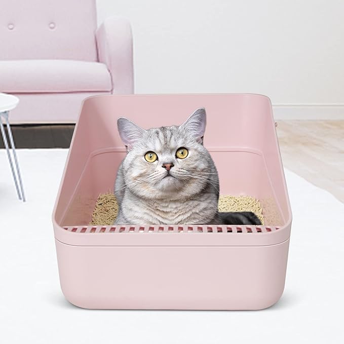Sfozstra Open High-Sided Litter Box: Pink Medium Anti-Scatter Design - Self-Cleaning Sifting Tray - Low Tracking for Small Cats