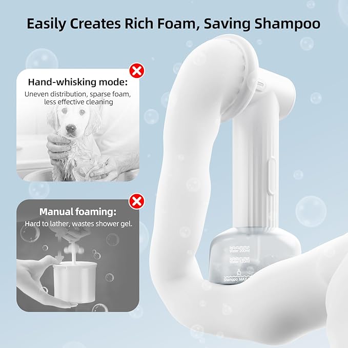 uahpet Automatic Foaming Pet Brush, Rechargeable & IPX7 Waterproof Dog Scrubber with Soft Silicone, One-Button Deep Cleaning Dog Bath Brush for Short and Long Haired Pet