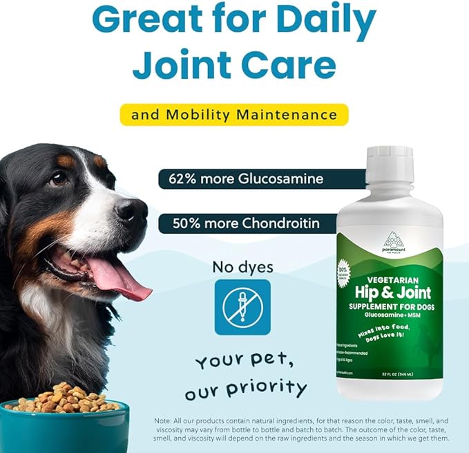 Plant-Based Liquid Glucosamine for Dogs, 1600mg Joint Support with Chondroitin, MSM & Omega 3-6-9, Shellfish-Free Dog Arthritis Supplement for Mobility & Flexibility, Made in USA, 32 oz