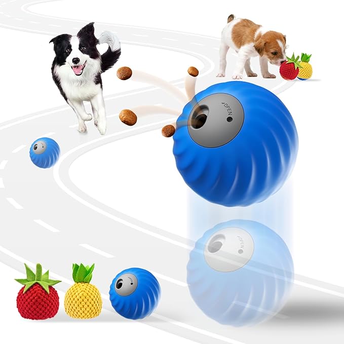 1Pc Zoomie 2.0 Buddy Durable Treat Dispensing Dog Toys to Keep Them Busy,Interactive Dog Toys,Plush Covers,Dog Treat Ball,Motion Activated Moving Dog Toy for Small/Medium Dogs,USB Rechargeable,Blue