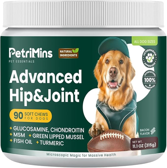 Advanced Hip & Joint Supplement for Dogs with Glucosamine and Chondroitin, for Dogs Glucosamine, Organic Turmeric, Egg Shell Membrane, Green Lipped Mussel, 90-Count, Bacon