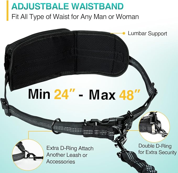 Kytely Hands Free Dog Leash with Zipper Pouch, Wide Padded Waist Dog Running Leash, Dual Padded Handles, Retractable Bungee for Walking Jogging Training Hiking