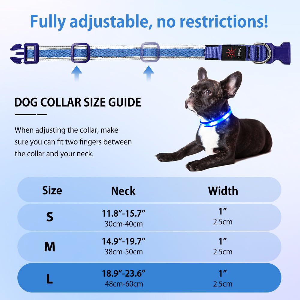 Illumifun LED Dog Collar, USB Rechargeable Light Up Collar Glow in The Dark, Reflcetive Safery Pet Light for Large Dogs Walking at Night (Large, Light Blue)